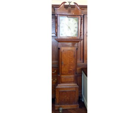 George III oak long cased clock, 30hr, pendulum and weight. Condition report: see terms and conditions.