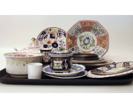 Collection of 19th century English porcelain,   to include a Derby plate, bowl and meat plate, Charles Bourne plaque, a sucri