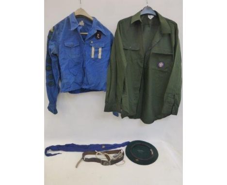 A group of scouting garments including a boy scout beret, a scout shirt with 18th Eastbourne (Andenda) badge, a girl guide be