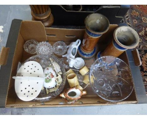 An assortment of ceramics and glassware including two glass bowls and a pair of glazed ceramic stands.