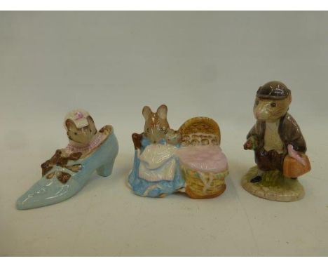 Three Beswick Beatrix Potter figures - The Old Woman Who Lived In A Shoe, Johnny Town-Mouse With Bag and Hunca Munca.