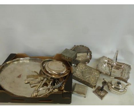 An assortment of silver plated tableware including an oval galleried tray, a salver, a teapot and flatware etc.