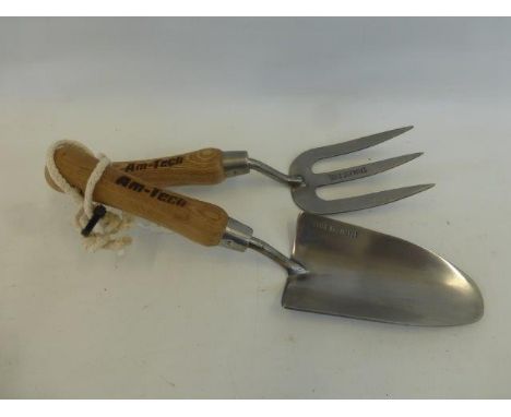 An Am-tech stainless steel hand trowel and fork set.