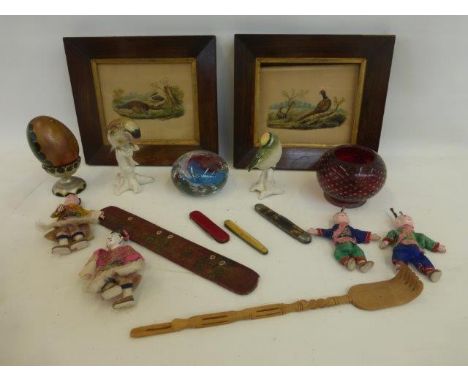An assortment of mixed collectables including pen knives, a Whitefriars bowl, a painted egg on a stand, two rosewood framed p