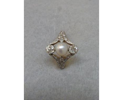 A fine Art Deco diamond and pearl dress ring set in an Art Deco shaped ring box, size N.