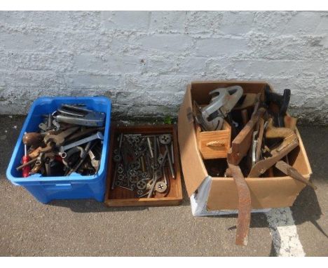 Three boxes of assorted tools to include taps and dies, spanners, files and sockets.