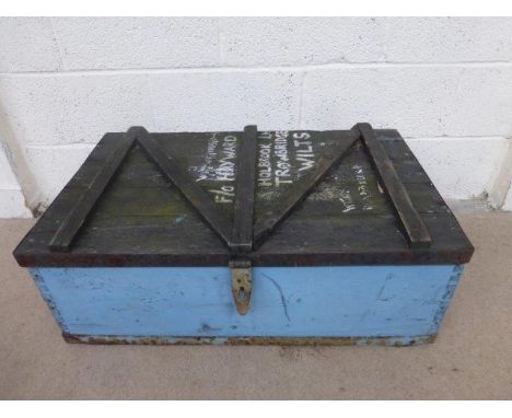 A twin handled wooden and metal bound tool chest/trunk.