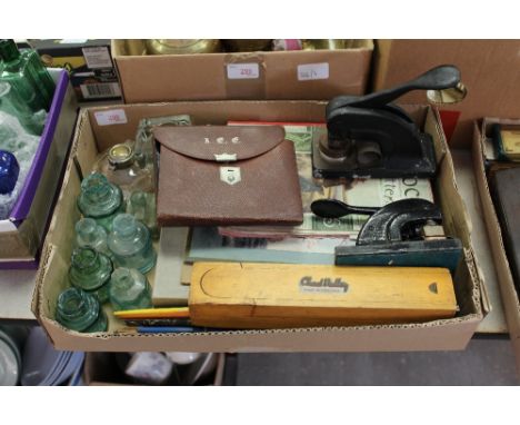 Antique ladies travel case, Chad Valley pencil case etc