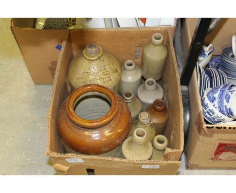 Box of stoneware bottles & jars including H S Hog Ulverston and R Robinson Ulverston