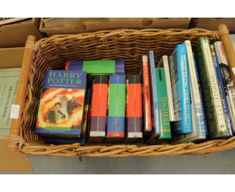 Box of angling, car maintenance books, Harry Potter etc