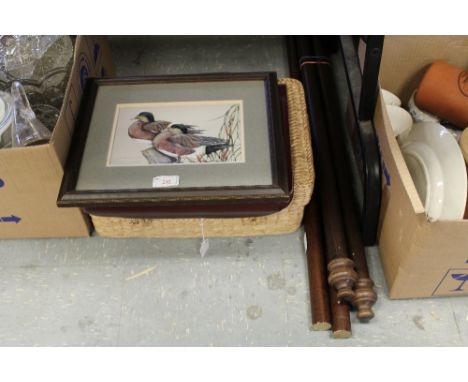 Picnic basket, curtain poles, leather satchel & duck print
