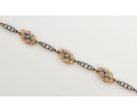 A diamond and enamel bracelet, set with five pale blue and pink enamel flowers set with round brilliant-cut diamonds silver a