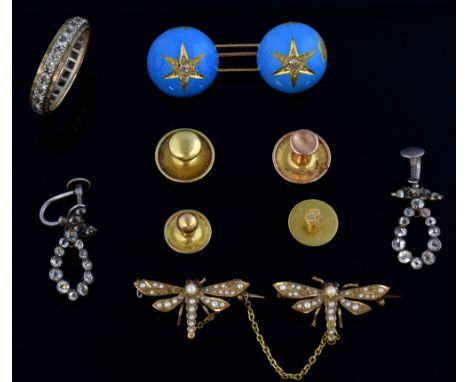 Collection of antique jewellery including, two linked dragonfly brooches set with seed pearls in unmarked yellow metal, brooc