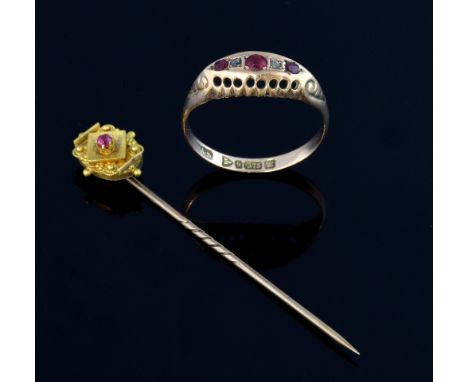 Antique  ruby and diamond ring and a antique stick pin