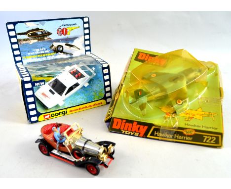 Dinky Toys Hawker Harrier No.722, Corgi James Bond 007 Lotus Esprit No.269 (both boxed) and a Corgi Chitty Chitty Bang Bang. 