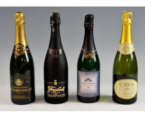 One bottle of Louis Boyier Brut Champagne, 75cl. Two bottles of Cava. One bottle of Seyval Blanc Dry Sparkling Wine (4)