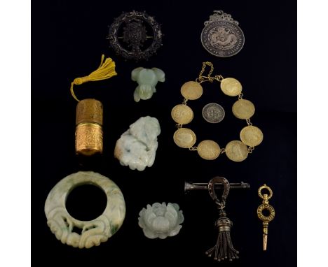 Collection of items including a jade carving of two fish, further jade carvings, a Chinese  Kwang-Tung province mounted coin,