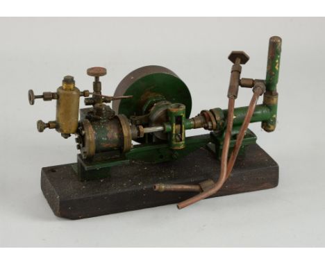 Scratch built model of a an engine, mounted on a wooden base, 19cm wide 