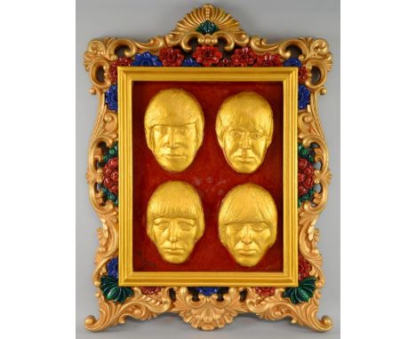 The Beatles - Original artwork by John Judkins, 1969, painted portraits in relief of the fab four on board, in a painted fram