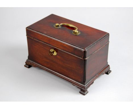 George III mahogany tea caddy opening to reveal three sectioned compartments (covers lacking) on bracket feet 23cm wide