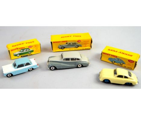 Dinky Toys diecast Rolls-Royce Silver Wraith No 150, Porsche 356A Coupe in cream No 182 and Triumph Herald No 189(3) all with