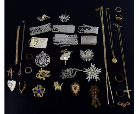 Collection of gold jewellery including wedding bands and signet ring and a small amount of costume jewellery 