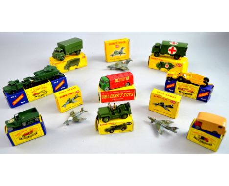 Dinky Toys diecast 3-Ton Army Wagon No 621, Military Ambulance No 626, Gloster Javelin Fighter No 735, Supermarine  Swift fig