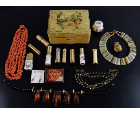 Edwardian jewellery box, a coral multi strand necklace and a collection of costume jewellery and lip stick cases 