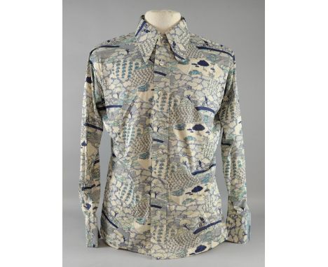 Elvis Presley - Original Monzini by Monticello blue print shirt worn by Elvis, size 16 L 16.5, 100% Nylon.Provenance: Previou