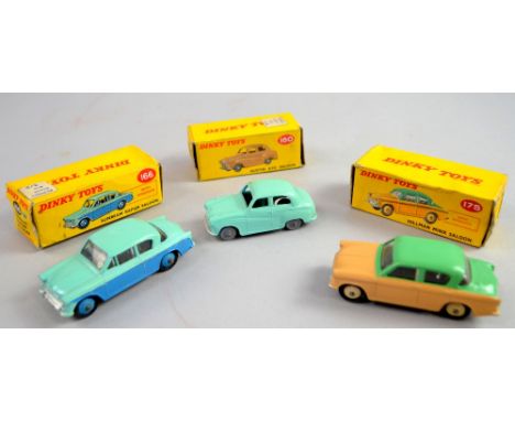 Dinky Toys diecast Austin A30 Saloon No 160, Sunbeam Rapier Saloon No 166 with turquoise upper body and blue lower body and a