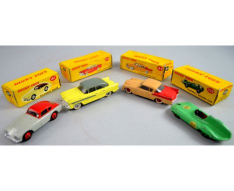 Dinky Toys diecast A.C. Aceca Coupe No 167, Studebaker Golden Hawk, No 169, Hudson Hornet Sedan, No 174 and Vanwall Racing Ca