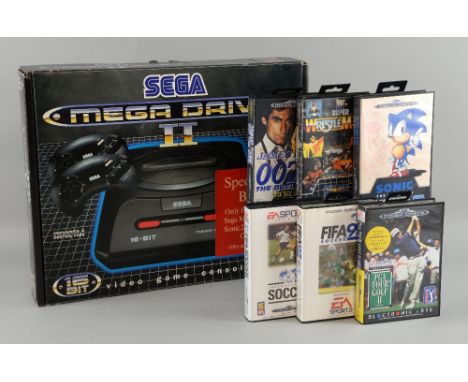 Sega Mega Drive II 16 bit video game console special gift bundle set with two controllers and accessories, games include Soni