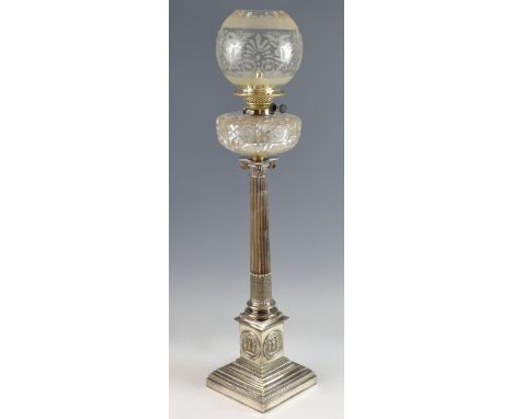 19th century silver plated Corinthian column oil lamp with cut glass well, 