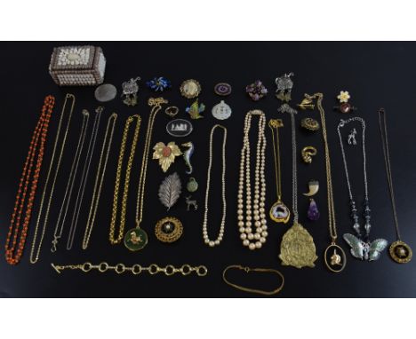 Group of costume and silver jewellery including silver gilt and enamel bird brooch a Wedgwood brooch and a number of watches 