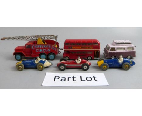 Dinky racing cars Maserati, Ferrari x2,  and a collection of Corgi and other playworn cars