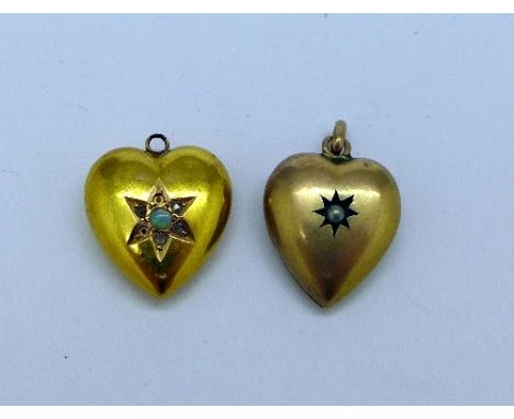 A 15ct gold, opal and diamond heart shaped locket/pendant, a/f, weight 1.2g and a 9ct gold and pearl heart-shaped pendant, we