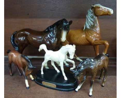 Five model horses; two Royal Doulton, one Beswick, one Goebel and one other, Goebel a/f