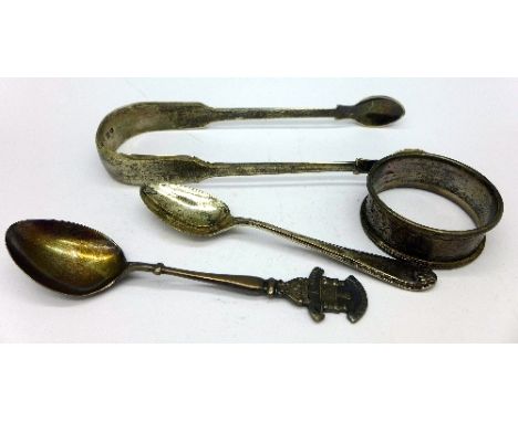 A pair of sugar bows, W. Bateman, London 1829, two silver spoons and a silver napkin ring, weight 84g