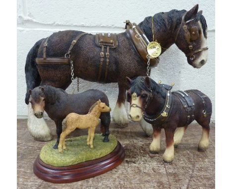 A Leonardo model horse, a Border Fine Arts model horse, Horse Breeds and one other model horse