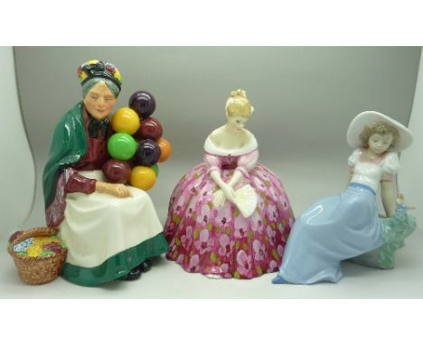 Two Royal Doulton figures, Victoria, HN2471 and The Old Balloon Seller, HN1315, a/f and a Nao figure, a/f