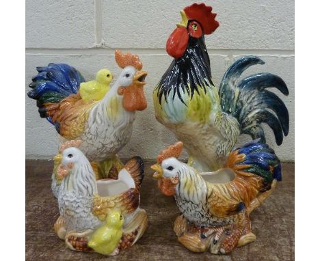 A three piece novelty cockerel tea service, a/f, and a figure of a cockerel