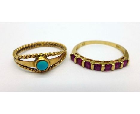 A 14k gold and seven red stone ring, weight 1.4g, size M, and a yellow metal and turquoise ring, weight 1.6g, size M