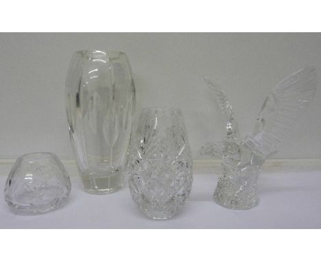 A Waterford crystal model of a hawk, small chip to beak, two Edinburgh crystal vases and a Stuart crystal vase