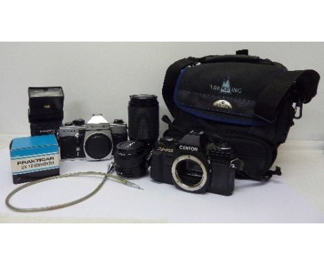 Two 35mm cameras including a Centon OF-300 with a 50mm lens, a Praktica MTL5B camera with a Helios 80-200mm macro lens, a Han
