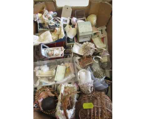 A quantity of dolls prams, dolls house items and small dolls, including tin plate examples, a Marriott doll and moulded bisqu