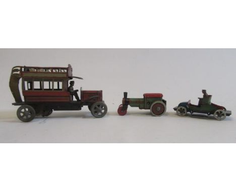 Clockwork General Open Top Bus marked Made in Germany and Penny Toys car and road roller, F (Est. plus 21% premium inc. VAT)