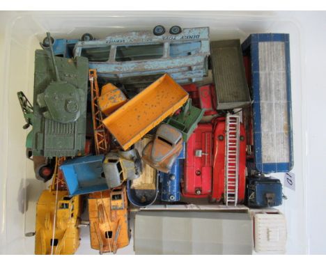 Playworn diecast vehicles by Corgi, Dinky and others including Coles Crane, car transporter, tank and fire engine, P (Est. pl