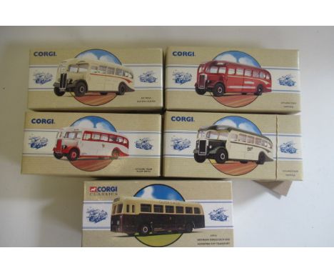 Five Corgi Classic Bus Models comprising three Leyland Tiger, A.E.C. Regal and Weymann, all items boxed, E (Est. plus 21% pre
