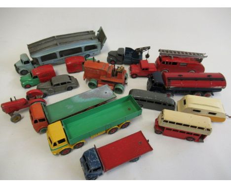 Playworn Dinky vehicles including Foden lorries and tanker, fire engine, tractor and vans, some overpainting, F-P (Est. plus 