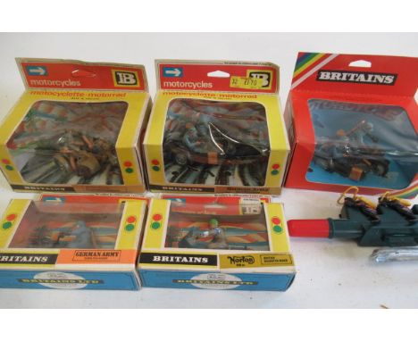 Five Britains military motorbike models comprising German army, Afrika Korps, German Despatch and British Despatch rider, and